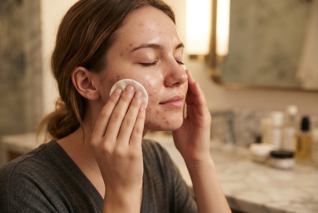 A person applying BHA toner to their face with a cotton pad in the evening.