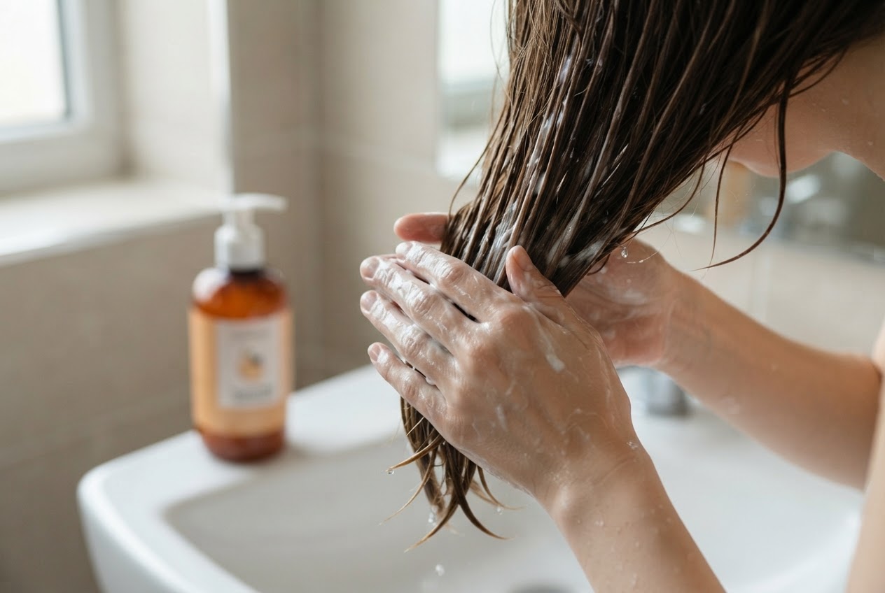 Eine Person trägt eine Haarkur auf das nasse Haar auf, daneben steht eine Flasche mit klärendem Shampoo.