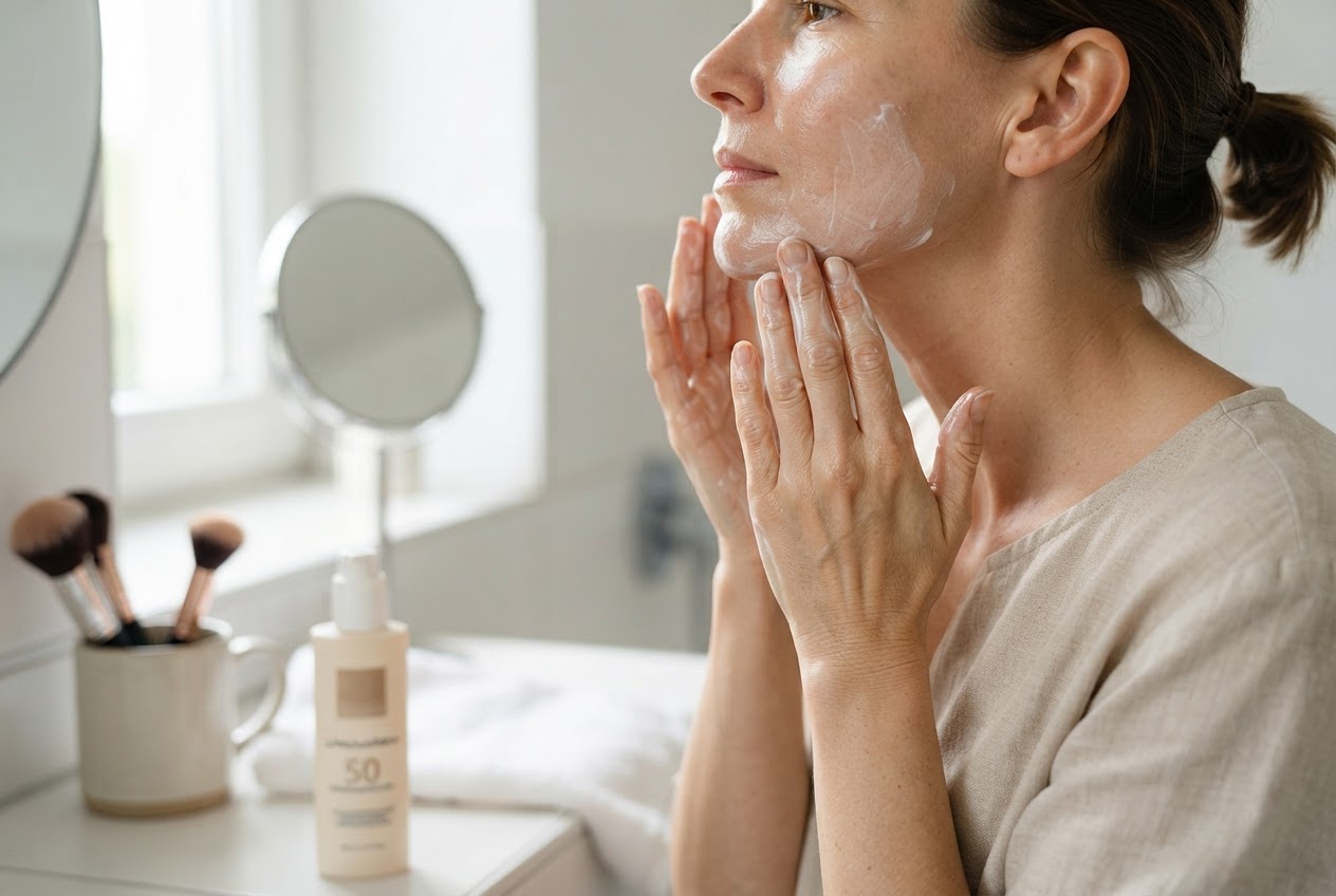 Person applying sunscreen to their face and hands with a bottle nearby.