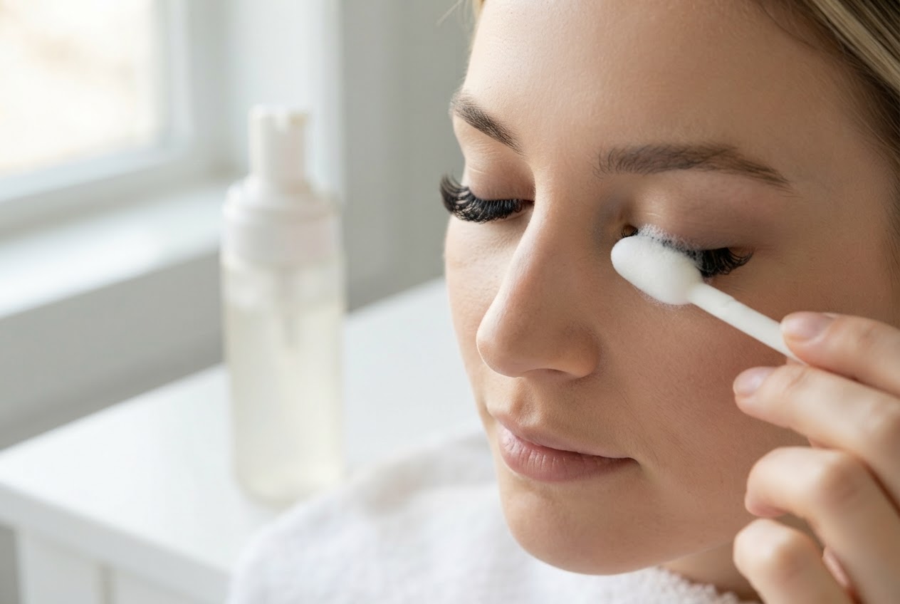 Hände, die mit einem weichen Applikator ein ölfreies Reinigungsprodukt auf die Wimpernlinie auftragen.