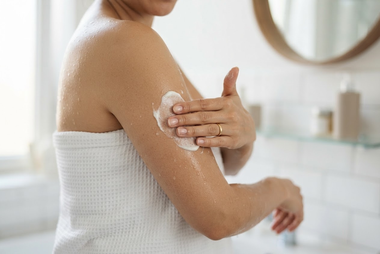 Person massiert Peeling-Creme in kreisenden Bewegungen auf die leicht feuchte Haut des Oberarms