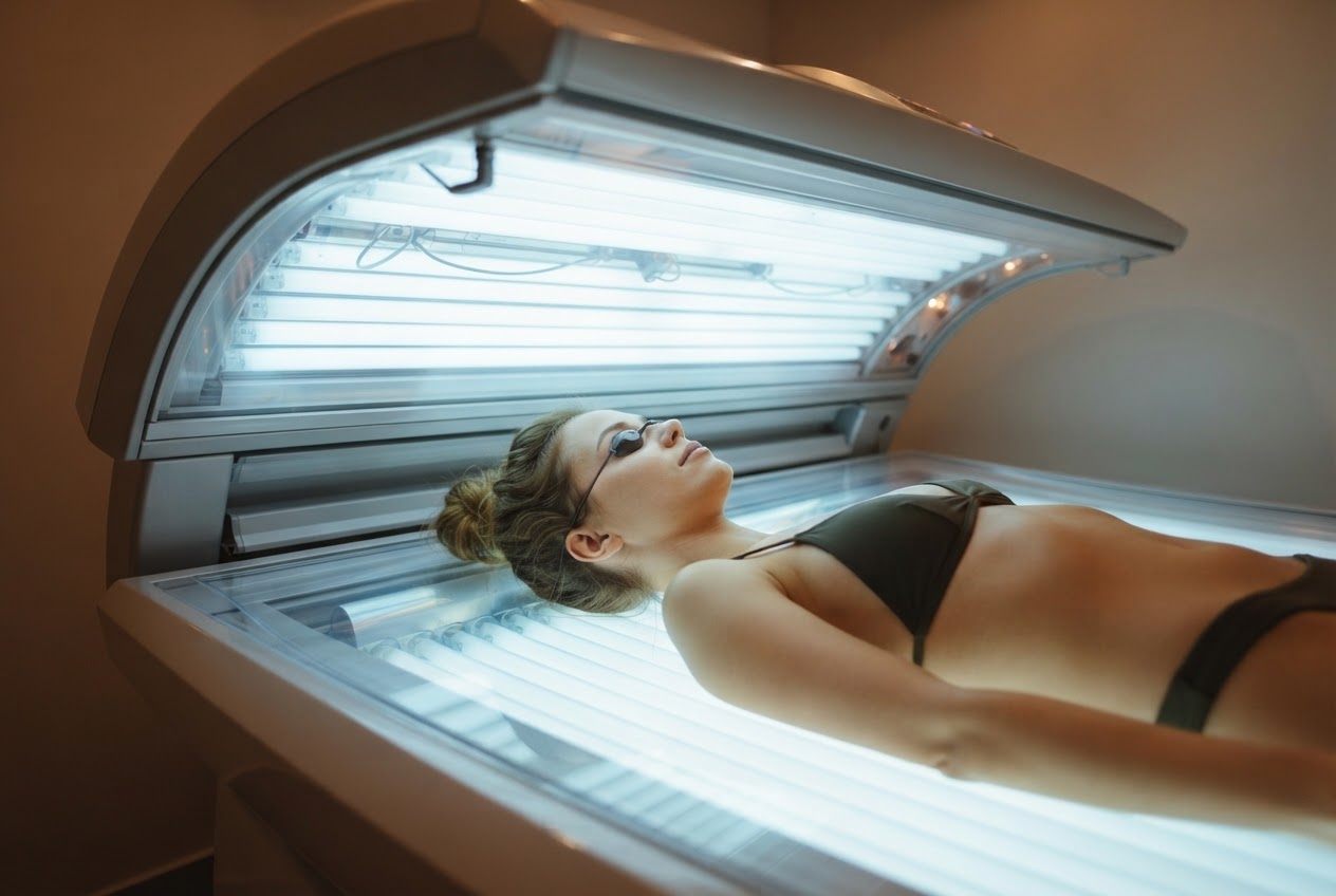 Eine Person liegt in einer Sonnenbank unter UV-Lampen.