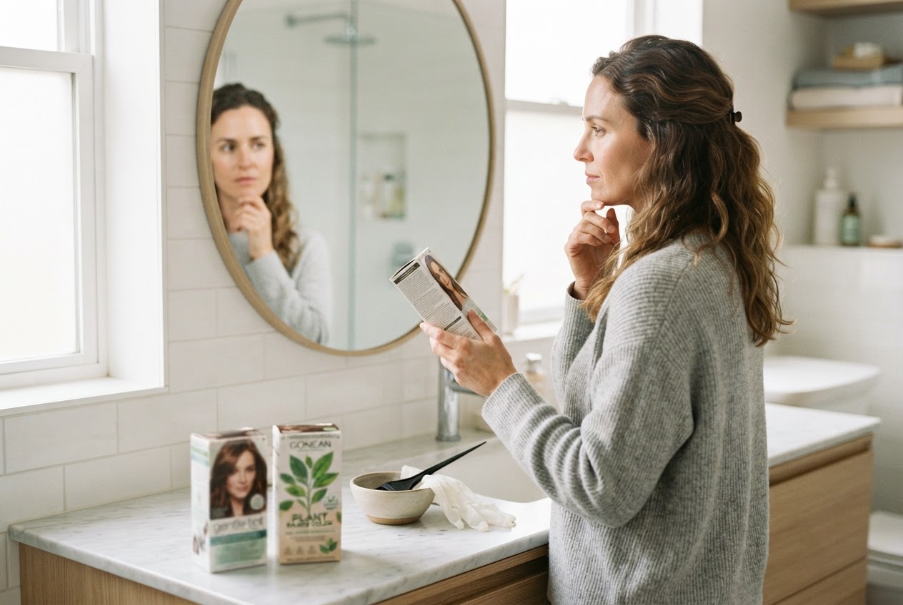 A person stands before a bathroom mirror holding a box of hair color, contemplating between tint, permanent color, and plant-based options.