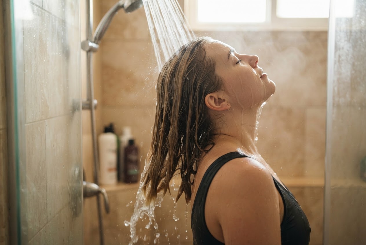 Person rinsing hair under lukewarm water in a shower, with water running clear.