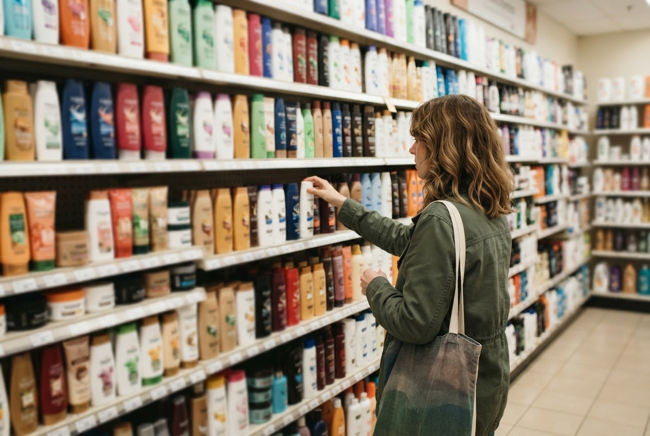 Eine Person steht vor einem Regal mit vielen Shampooflaschen in einer Drogerie und betrachtet die Auswahl.