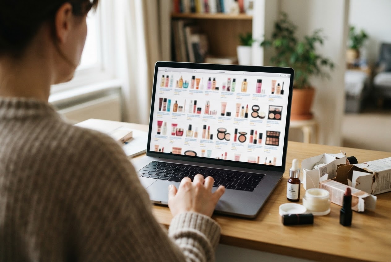 Eine Person sitzt am Laptop und stöbert in einem Online-Shop mit vielen Kosmetikprodukten, daneben liegen einige Produktverpackungen.