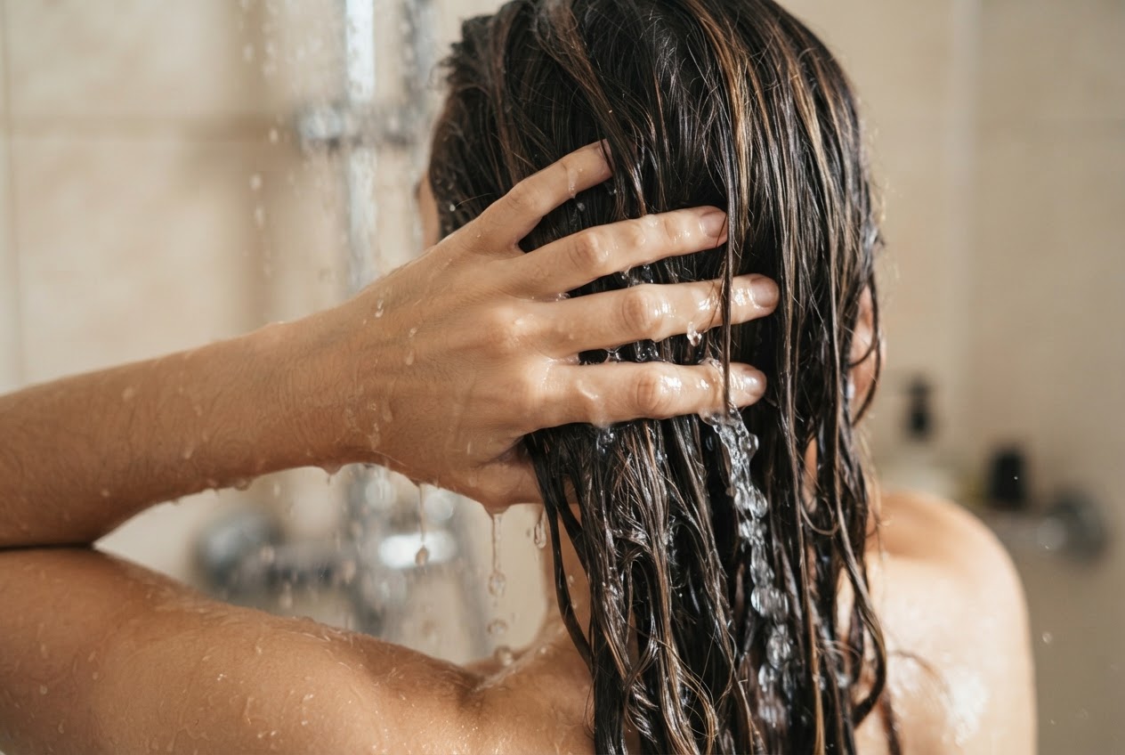 Eine Person mit nassem Haar zieht beim Waschen die Finger durch die Strähnen, um zu prüfen, ob sie leicht kämmbar sind.
