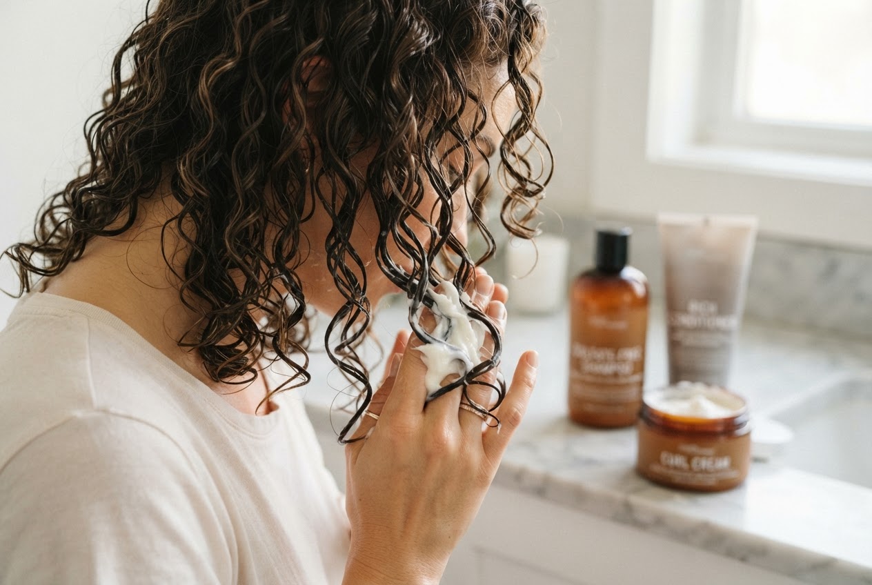 Hand, die Lockencreme in feuchte Locken einarbeitet, daneben liegen sulfatfreies Shampoo und Conditioner