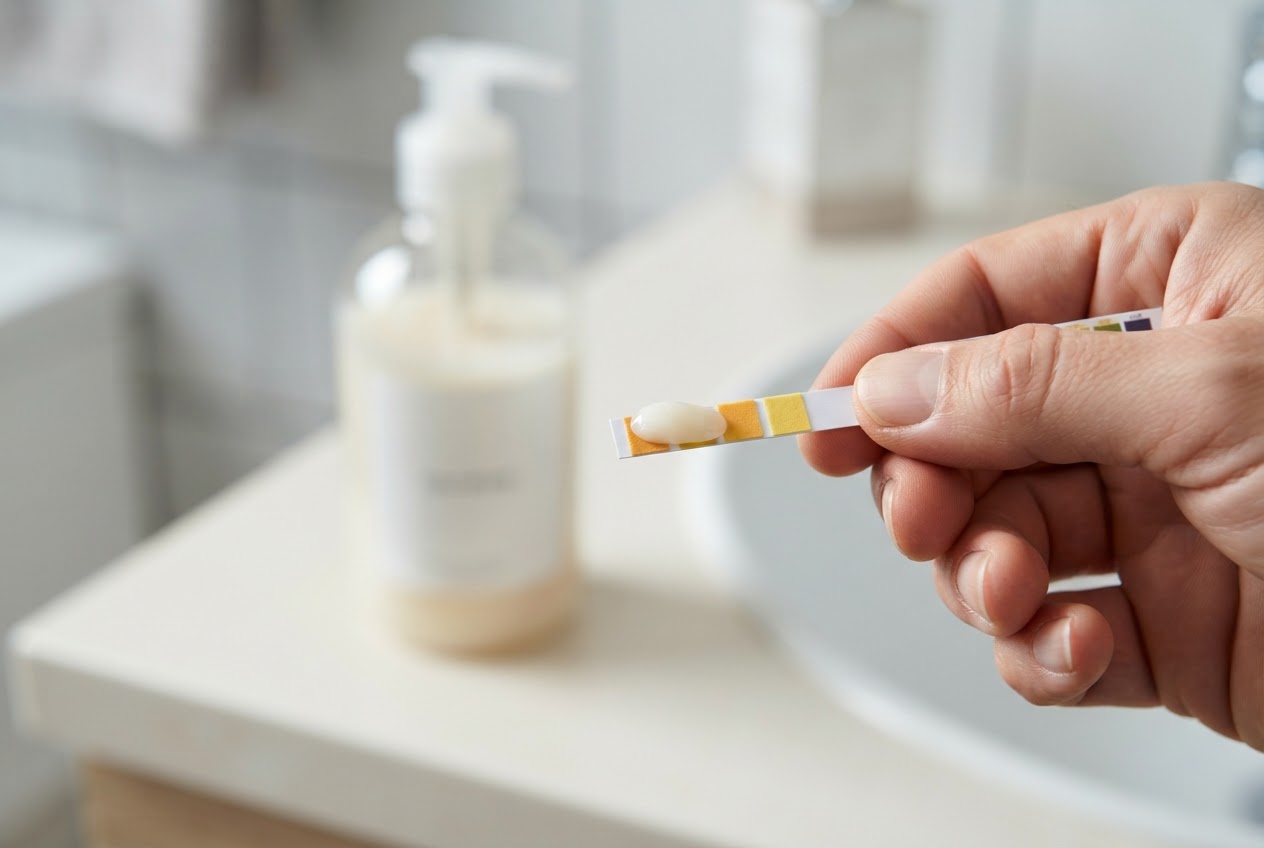 Eine Hand hält einen pH-Teststreifen, auf den ein Tropfen Shampoo aufgetragen wurde – der Streifen zeigt eine Farbveränderung.