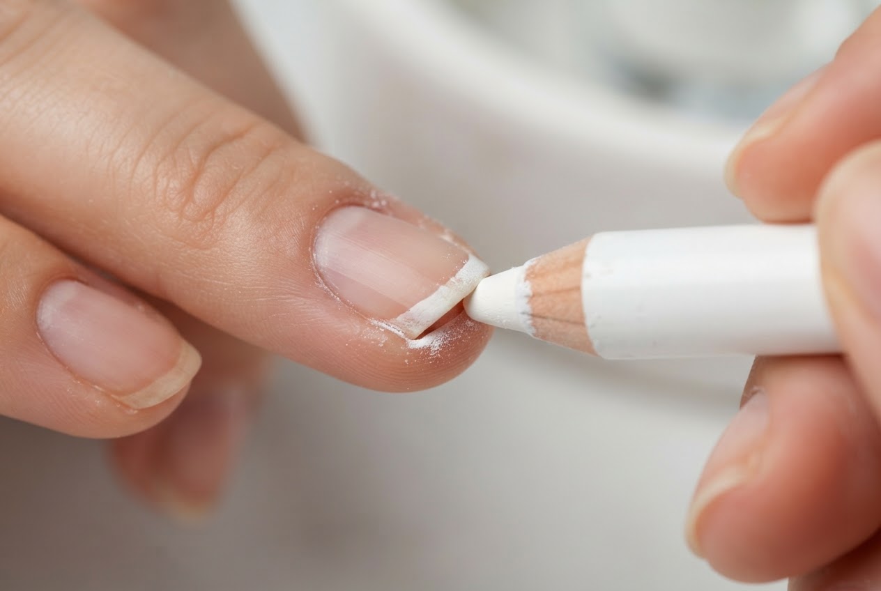 Hand applying a white pencil under the free edge of a fingernail.
