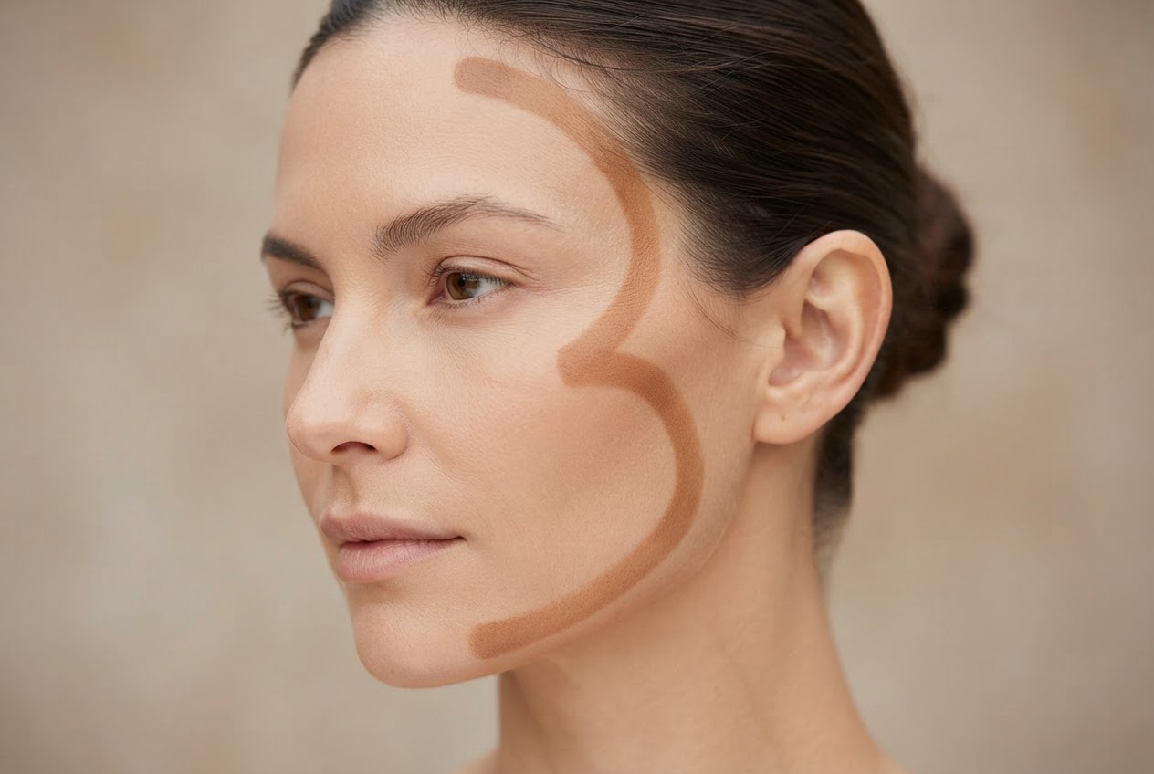 A diagram-like photo on a face showing bronzer strokes along the temple, cheekbone, and jawline.