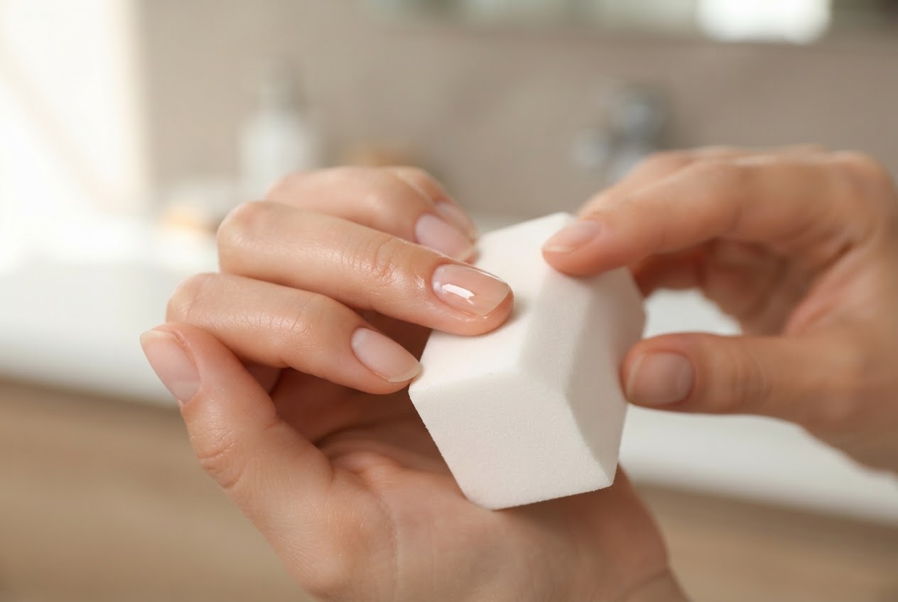 A hand using a buffer block on a fingernail in small circular motions, with the nail appearing shiny.
