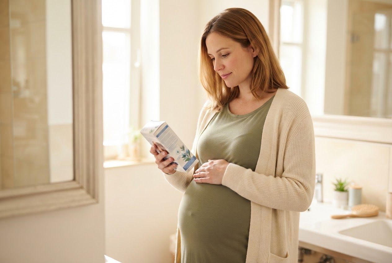 Pregnant woman in a bathroom, holding an ammonia-free hair color box, looking thoughtful.