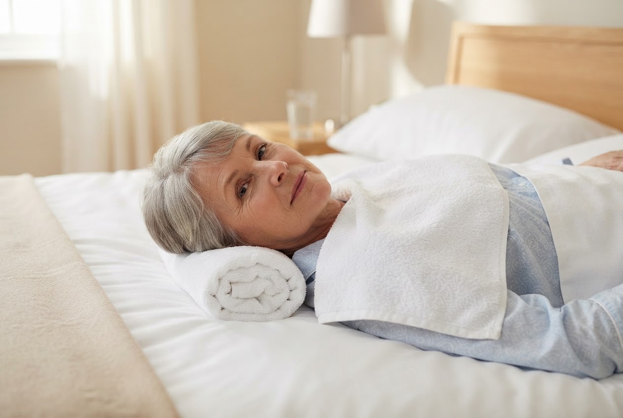 A person lying in bed with a rolled towel under the neck and another towel around the shoulders, ready for the shampoo cap.