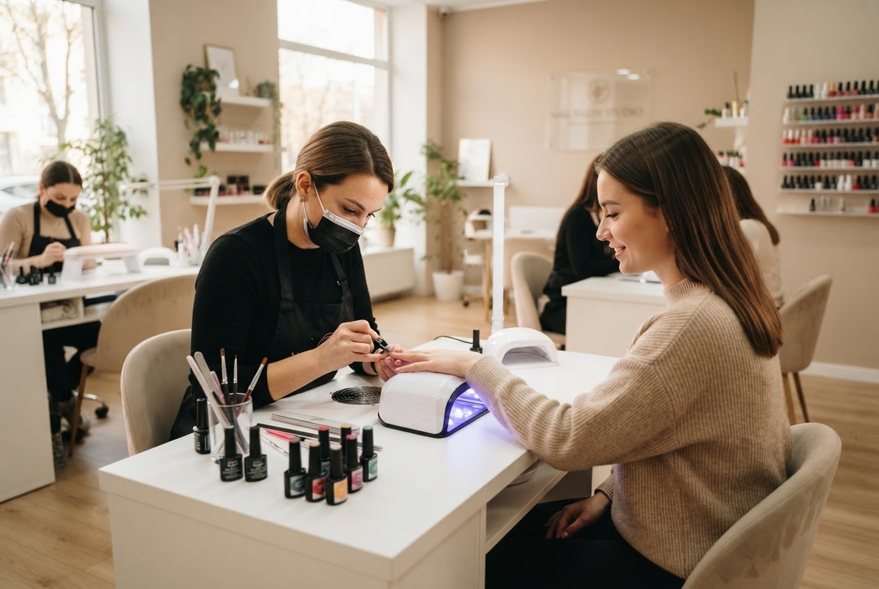 A bright nail studio with a manicure table, UV lamp, and nail polish displays, a nail technician working on a client's nails.
