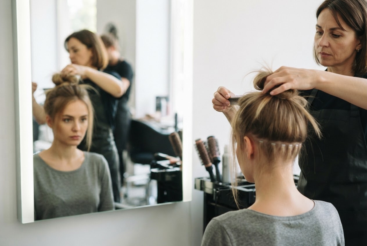 Eine Friseurin hebt das Deckhaar einer Kundin an und prüft im Spiegel, ob die Verbindungen bei einem hoch gebundenen Haar sichtbar wären.