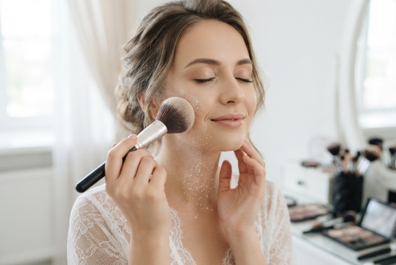 Eine Frau klopft mit einem großen Puderpinsel sanft transparenten Puder auf ihre Wange und T-Zone.
