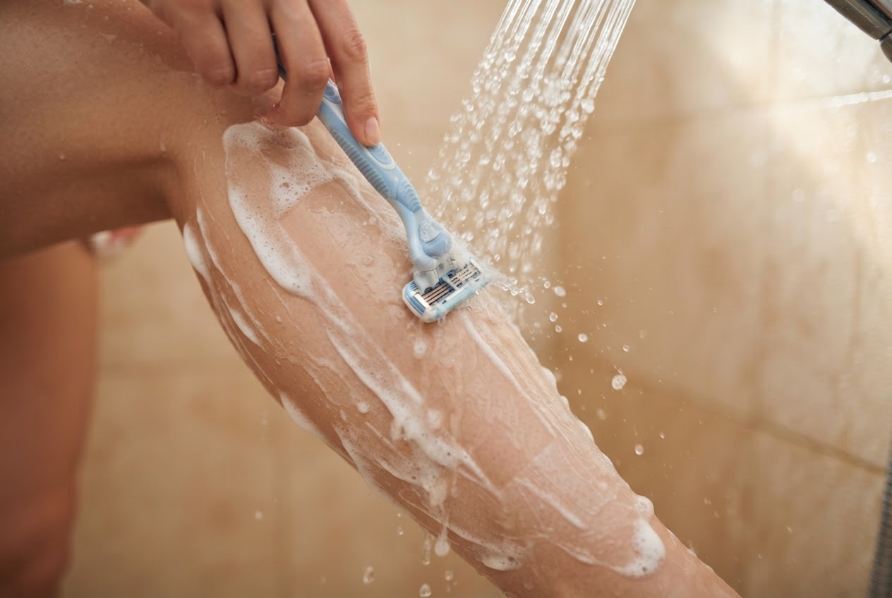 Close-up of a razor moving in a short stroke against hair growth on a leg, with water rinsing the blade.
