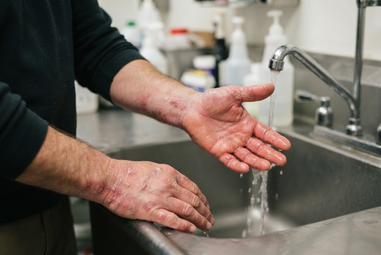 A person's hands with red, chapped skin and cracks, standing at a sink with cleaning supplies in the background.
