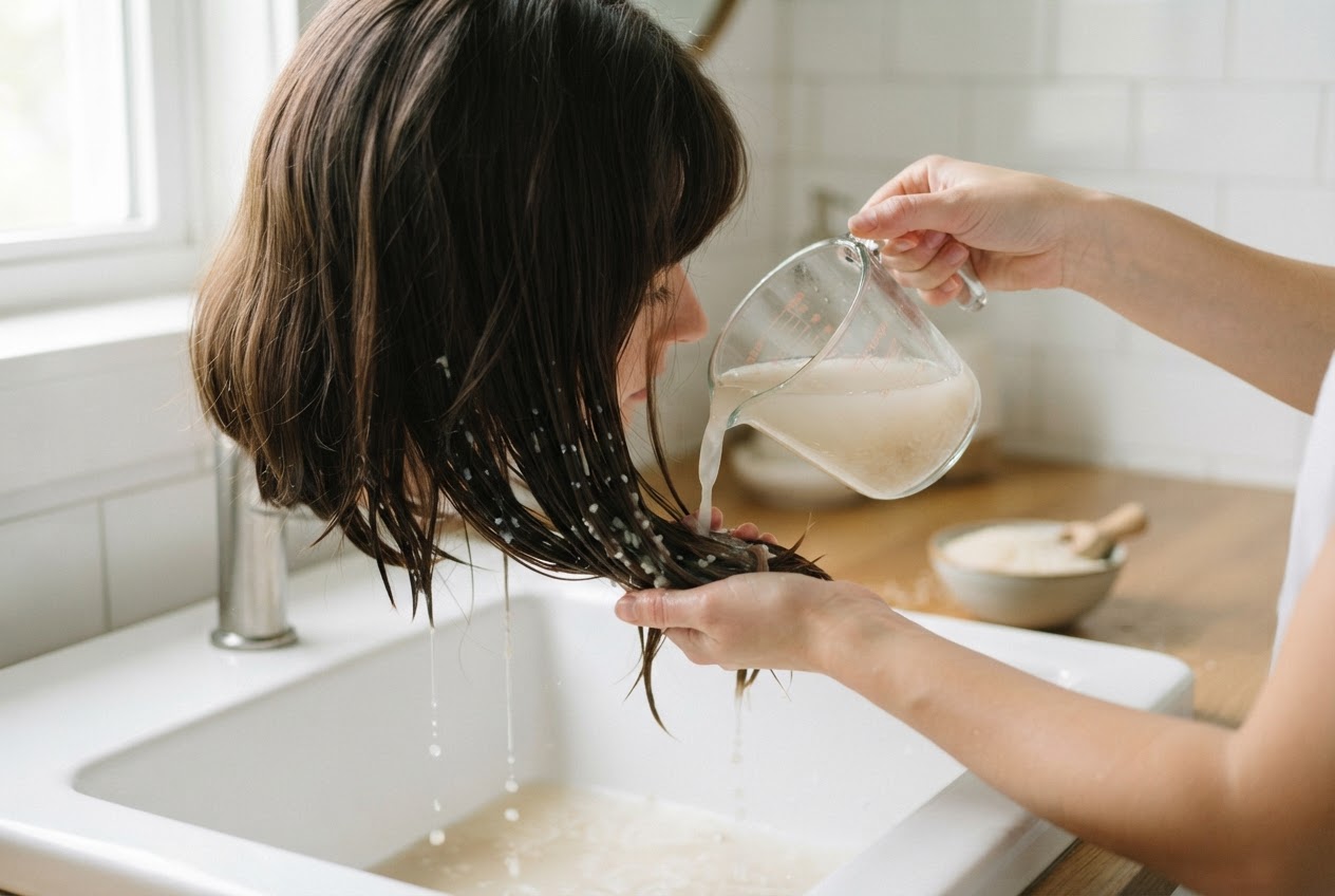 A person pouring a cup of milky rice water over the ends of their hair while leaning over a sink.