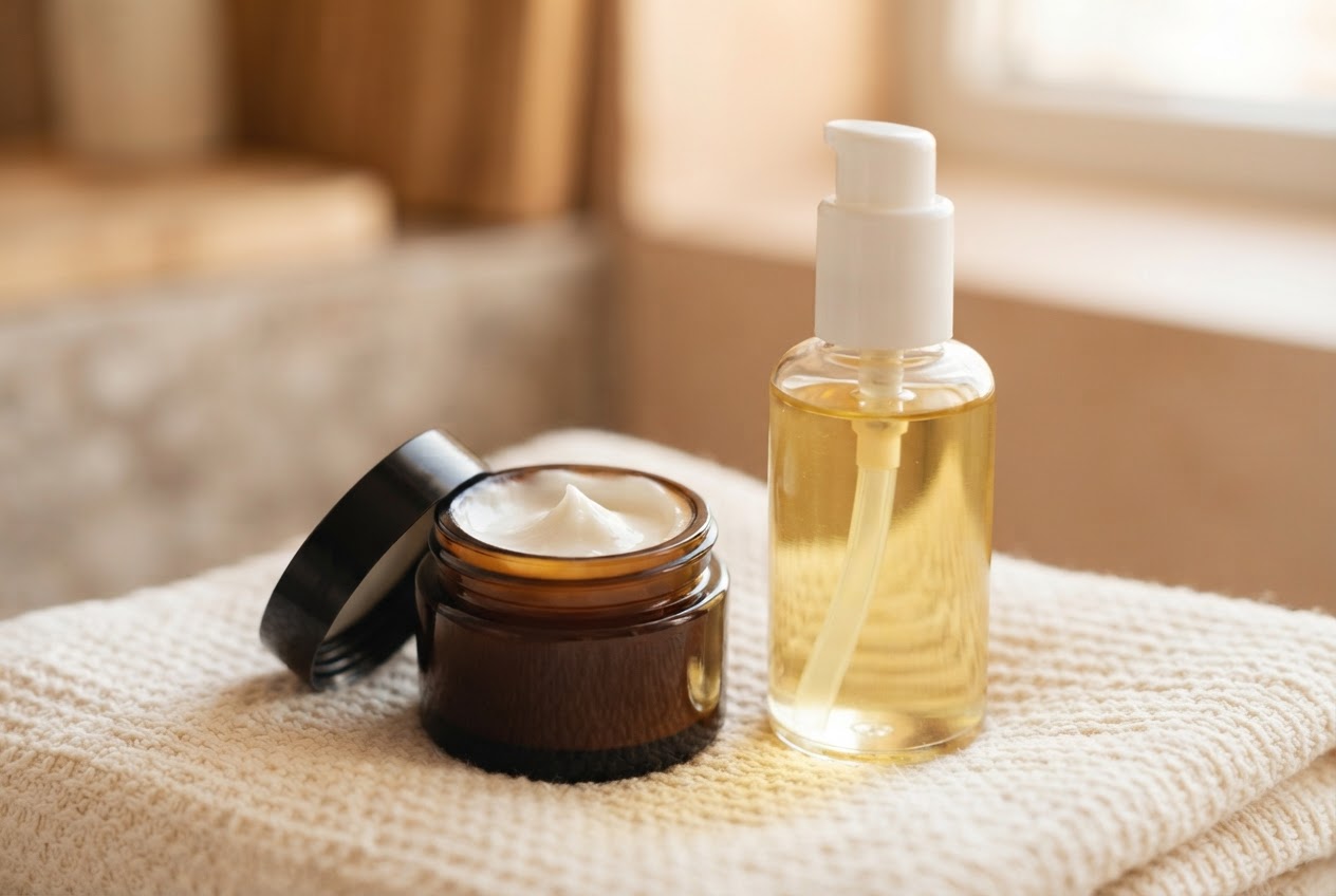 A rich cream jar and a bottle of cleansing oil, with shea butter and hyaluronic acid ingredients visible, on a soft towel.