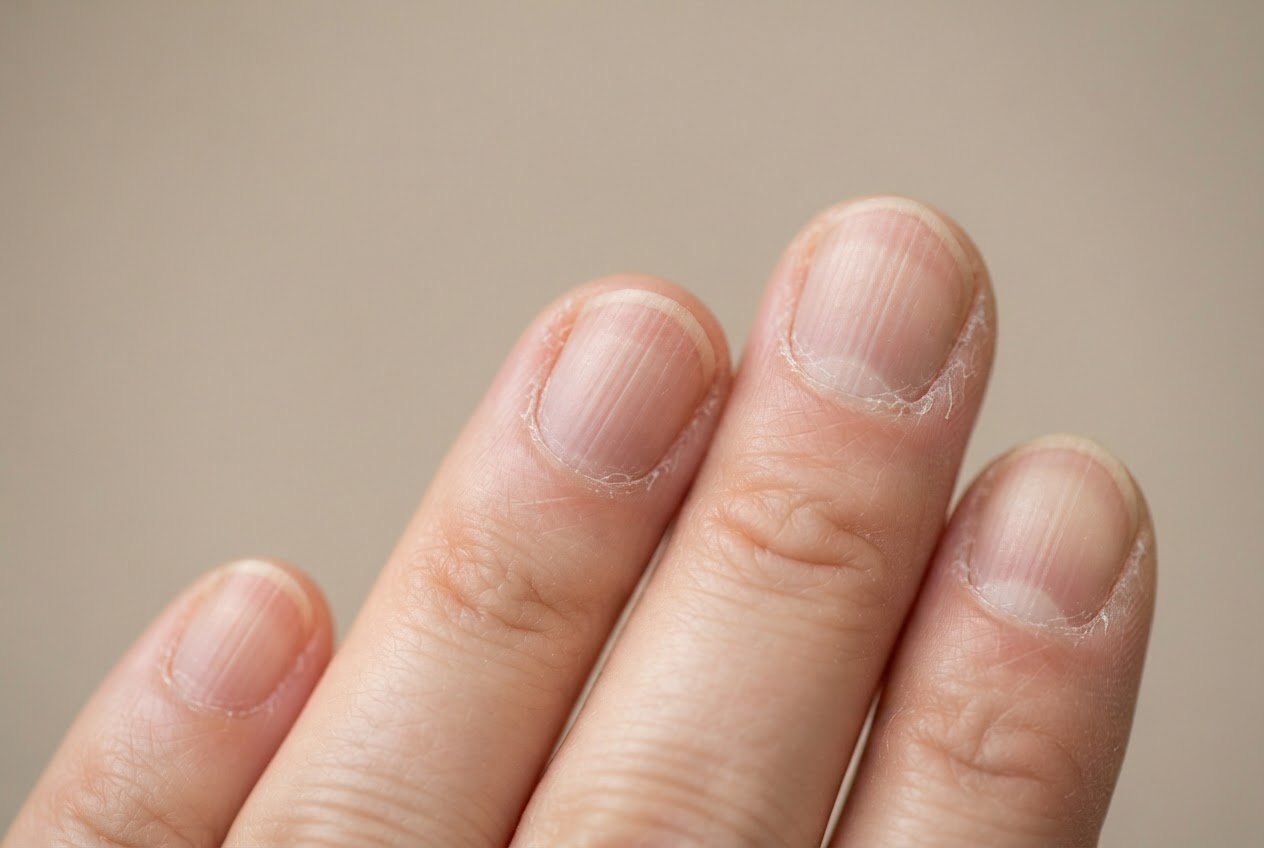 Close-up of a hand with dry, ridged fingernails and rough cuticles on a neutral background.