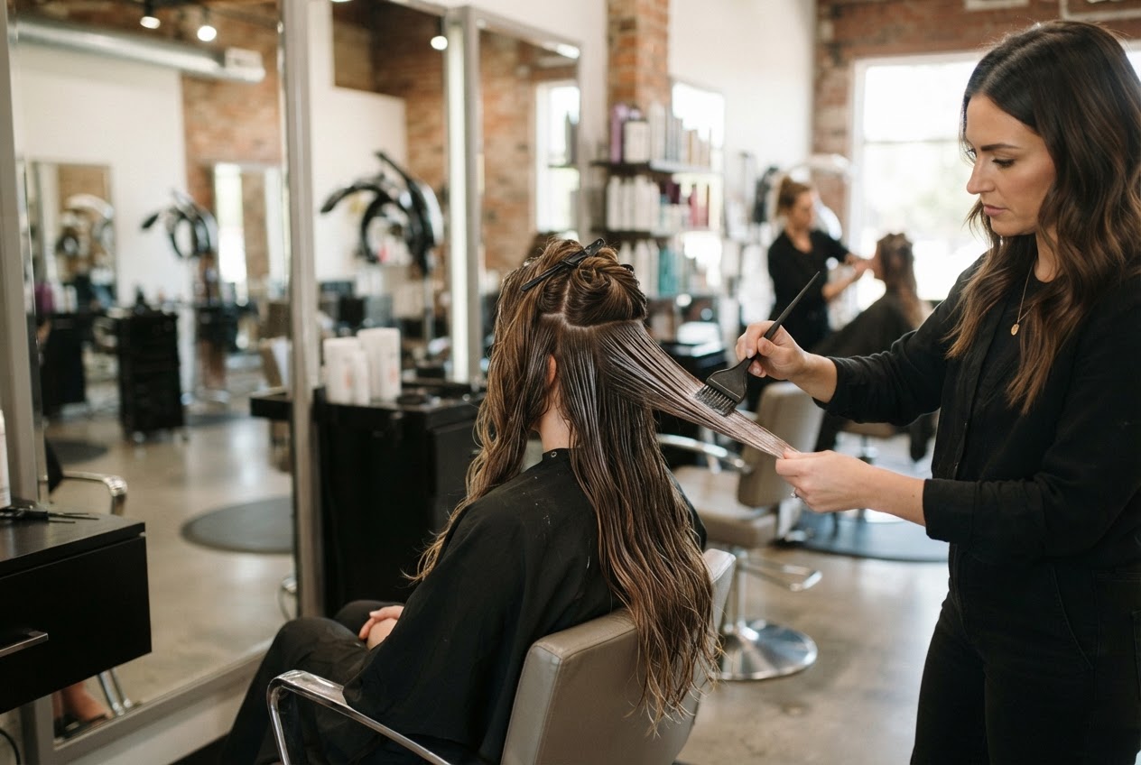 Hairdresser applying keratin treatment to client's hair in a salon