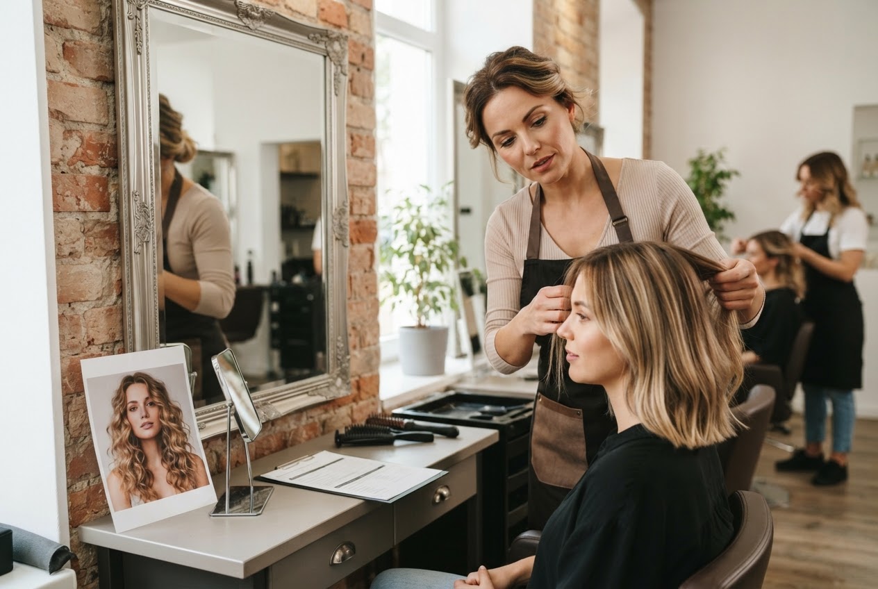 Friseurin untersucht eine Haarsträhne einer Kundin im Spiegel, während sie über die Behandlung spricht