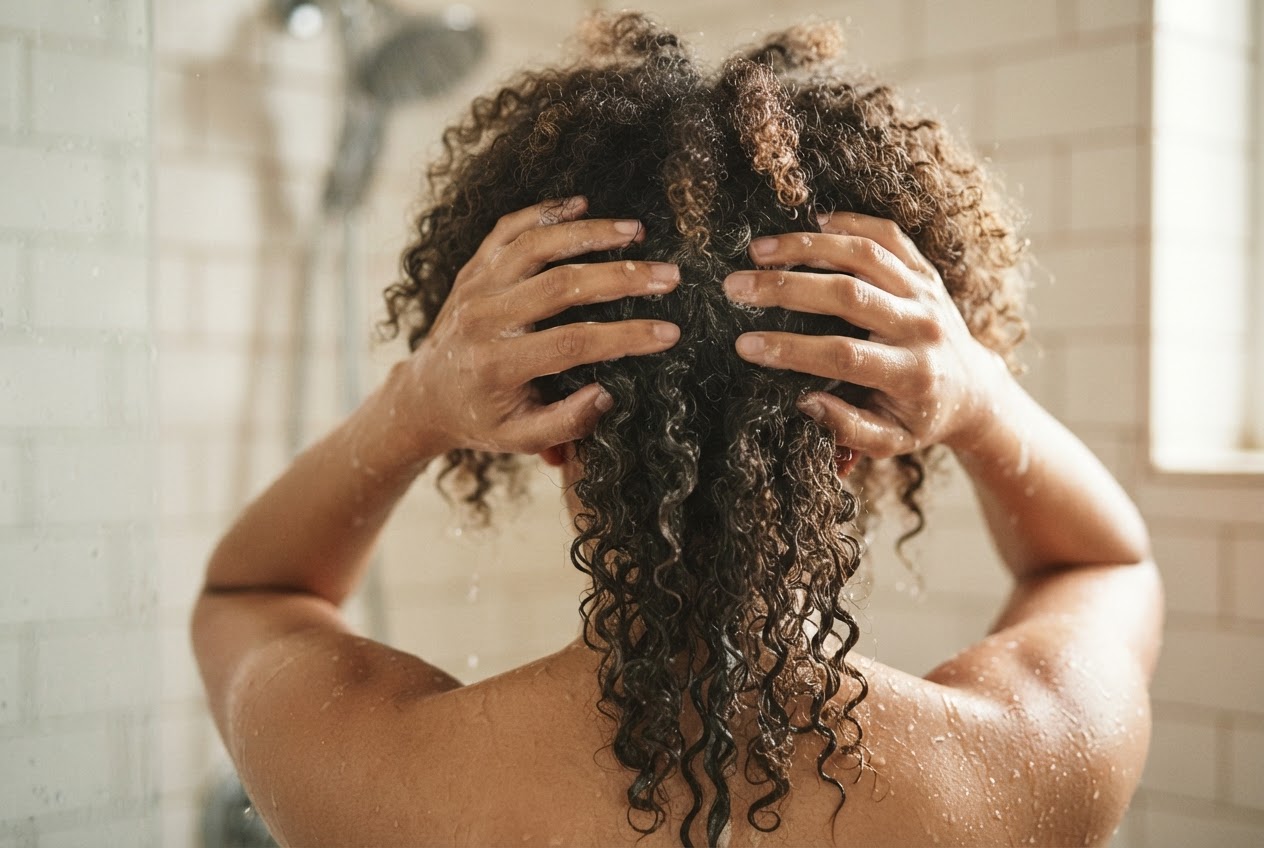 Eine Person massiert Shampoo sanft am Haaransatz in lockigem Haar ein, ohne die Längen zu reiben.