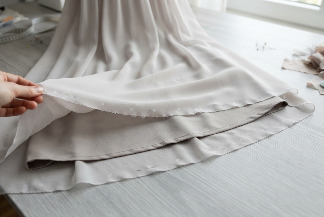 Chiffon und Futter eines Kleids sind am Saum voneinander getrennt und enden auf unterschiedlichen Höhen.