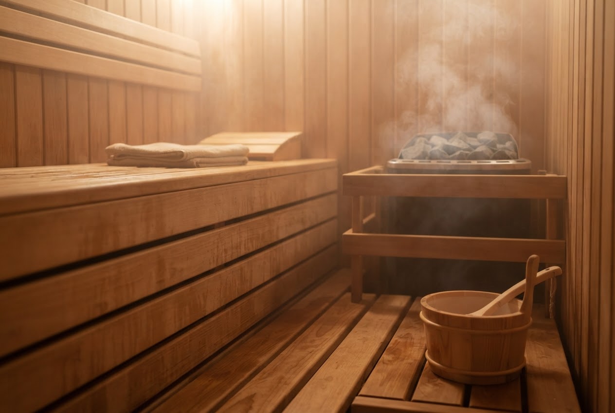 Dampfende Sauna mit Holzliegen, Nebel und feuchter Luft, symbolisiert Wärme und Feuchtigkeit.