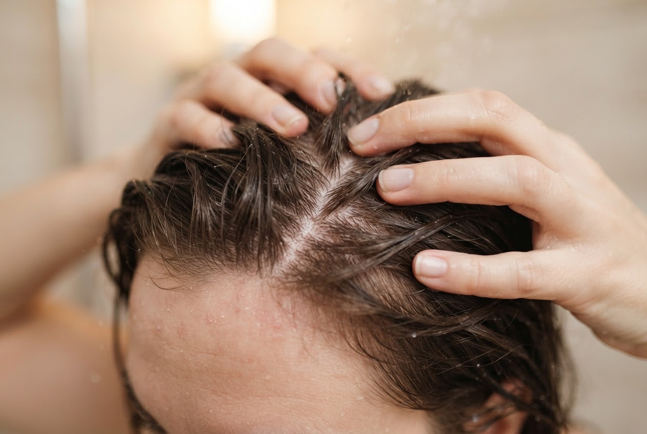 Close-up of hands with fingertips massaging the scalp, showing no nails, with water at a moderate temperature.