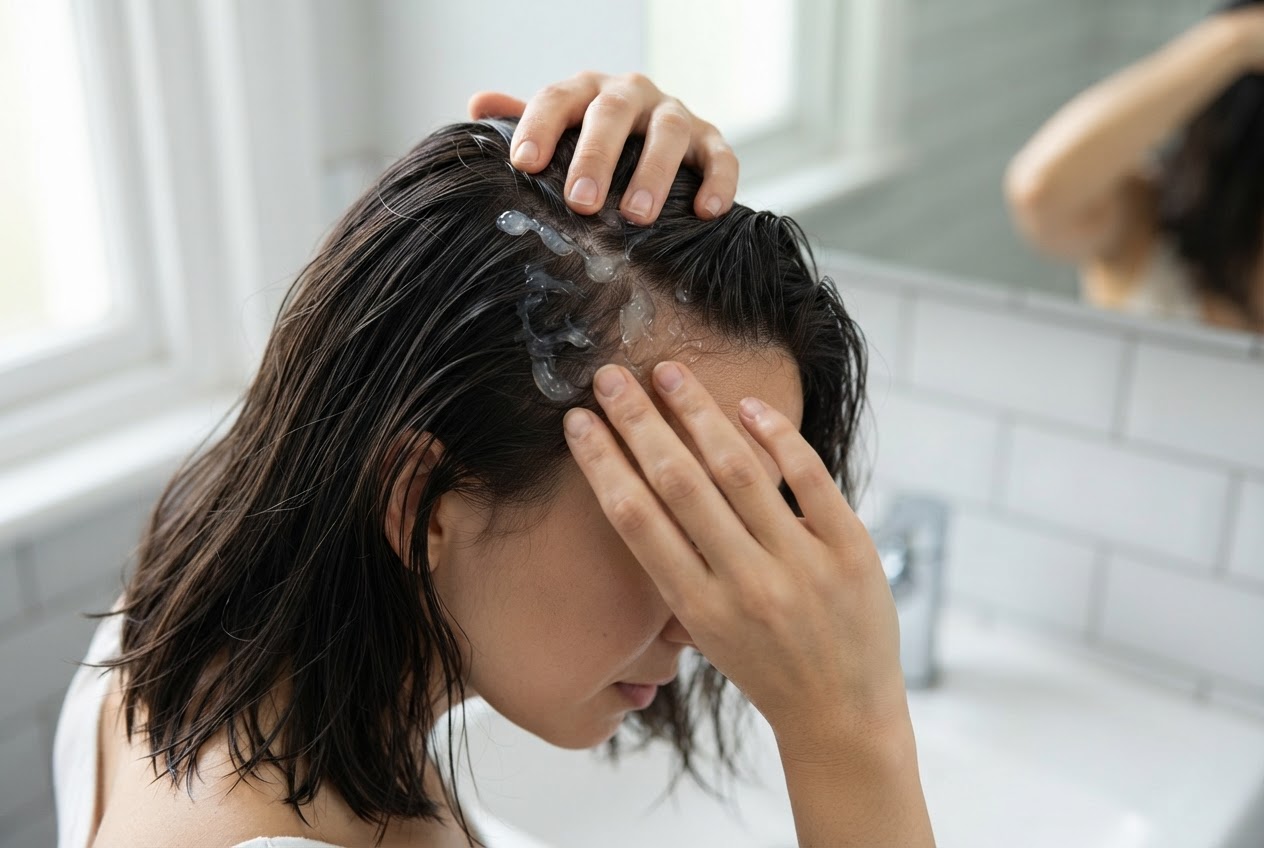 A person with wet hair massaging a clear scalp peeling gel onto their scalp with fingertips.