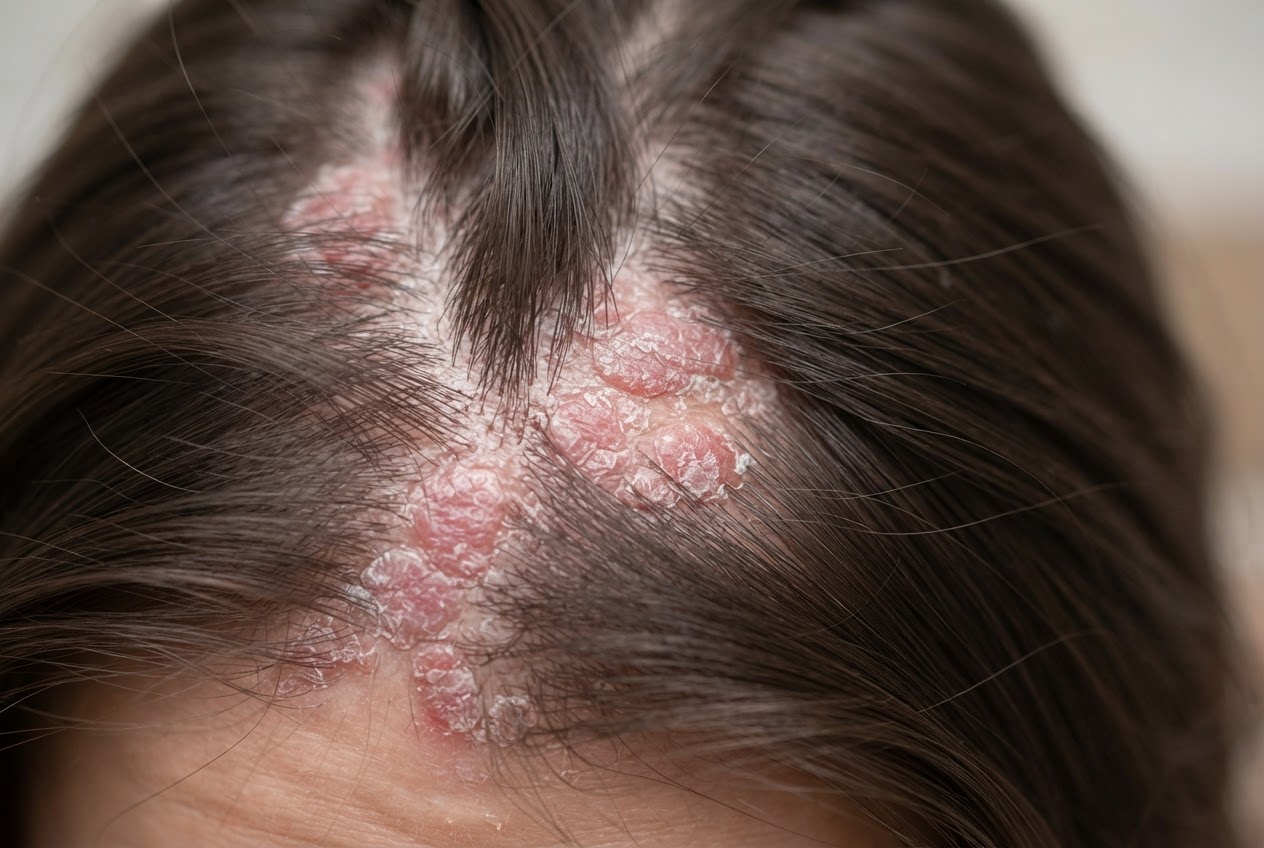 Close-up of a scalp with red, scaly patches visible through parted hair.