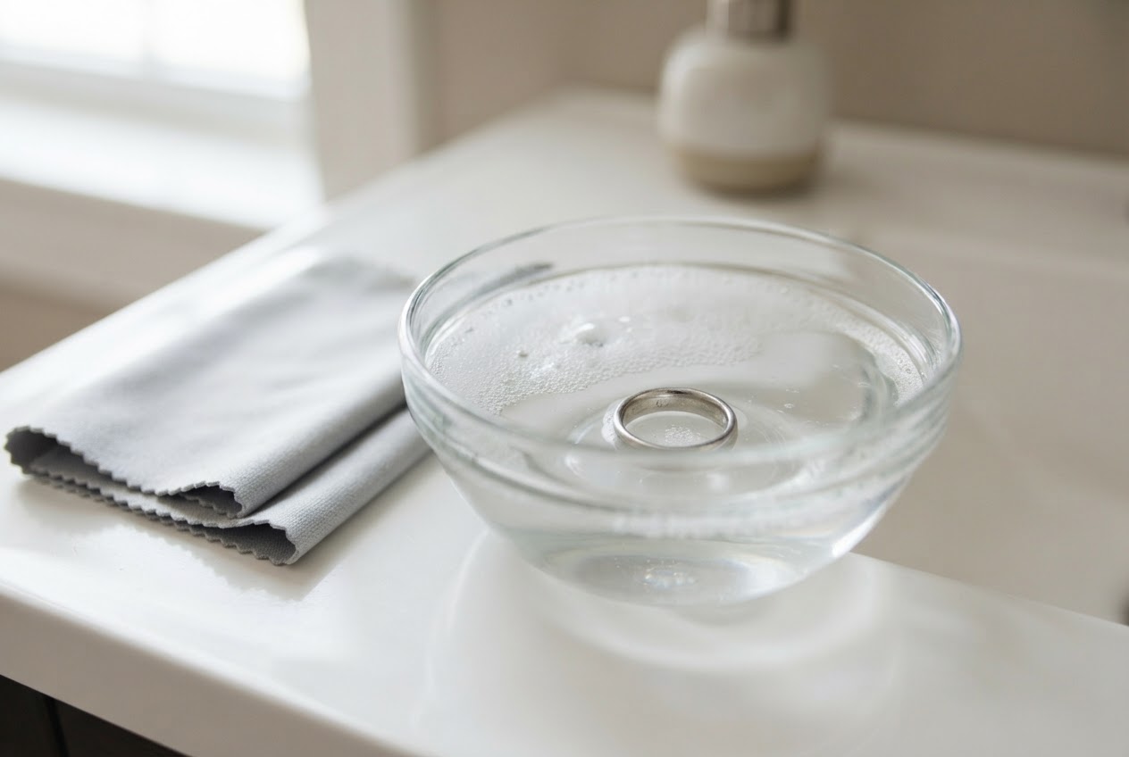 Ein schlichter Silberring wird in einer Schale mit lauwarmem Seifenwasser gereinigt.
