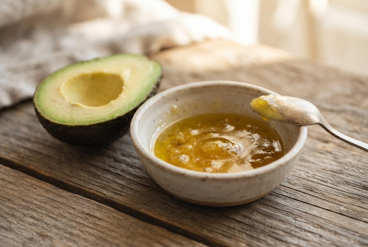 Eine kleine Schüssel mit einer Mischung aus Olivenöl und Honig, daneben ein Löffel und eine halbe Avocado.