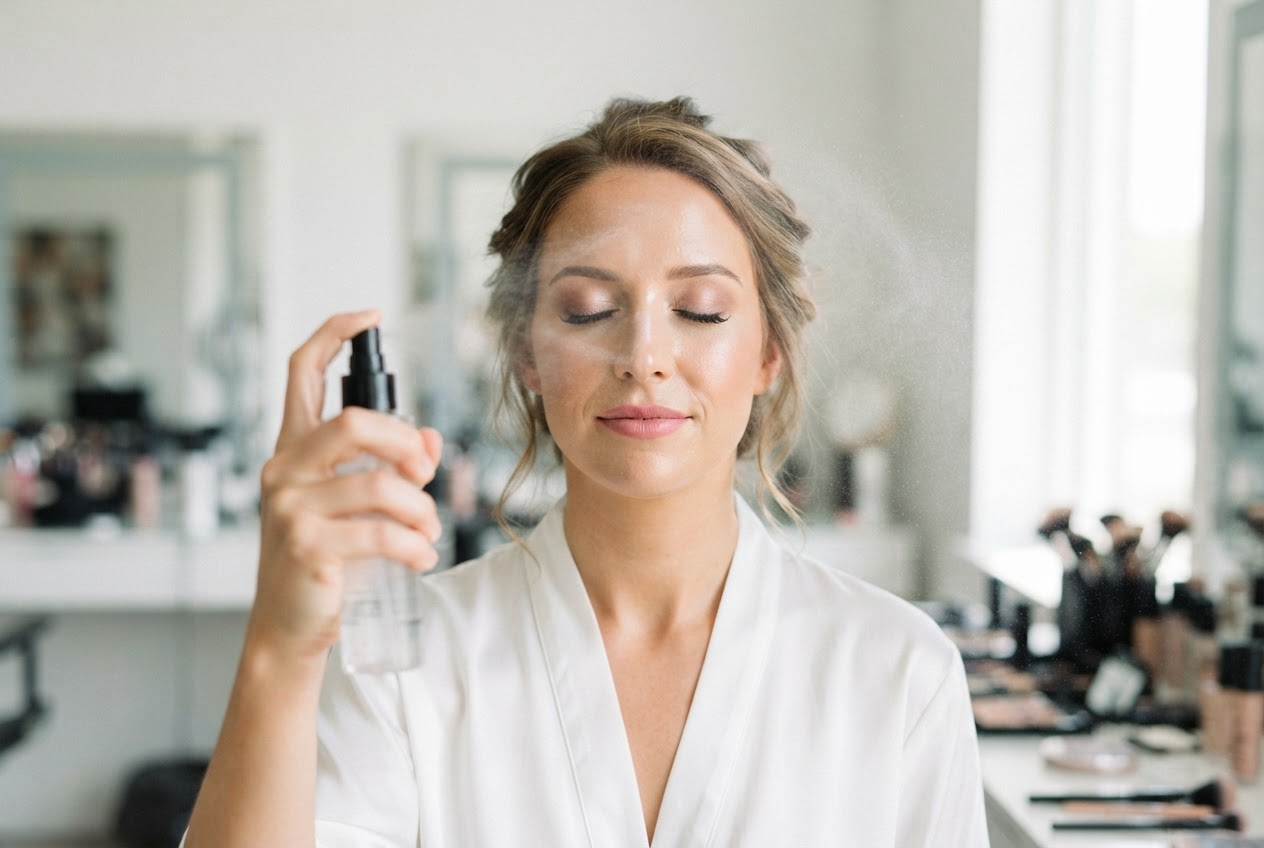 Eine Frau hält ein Setting-Spray in einem Abstand vor ihr Gesicht und sprüht, während sie die Sprühbewegung andeutet.