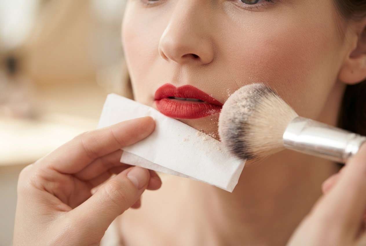 Frau mit rotem Lippenstift, ein dünnes Taschentuch liegt über den Lippen, während ein Puderpinsel darüber tupft.