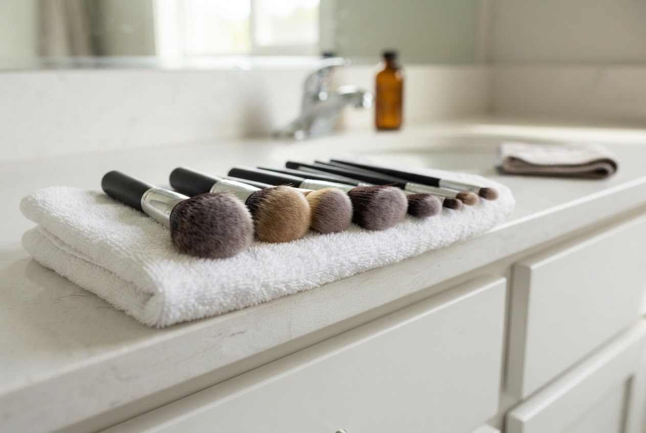 Several clean makeup brushes lying flat on a towel with their bristle tips hanging over the edge of a counter
