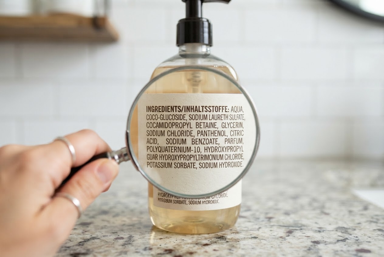 A shampoo bottle with a magnifying glass on the ingredient list, showing many components.