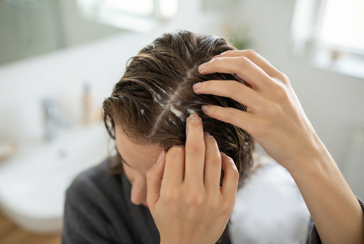 Eine Person scheitelt ihr Haar und verteilt Shampoo mit den Fingerspitzen auf der Kopfhaut.
