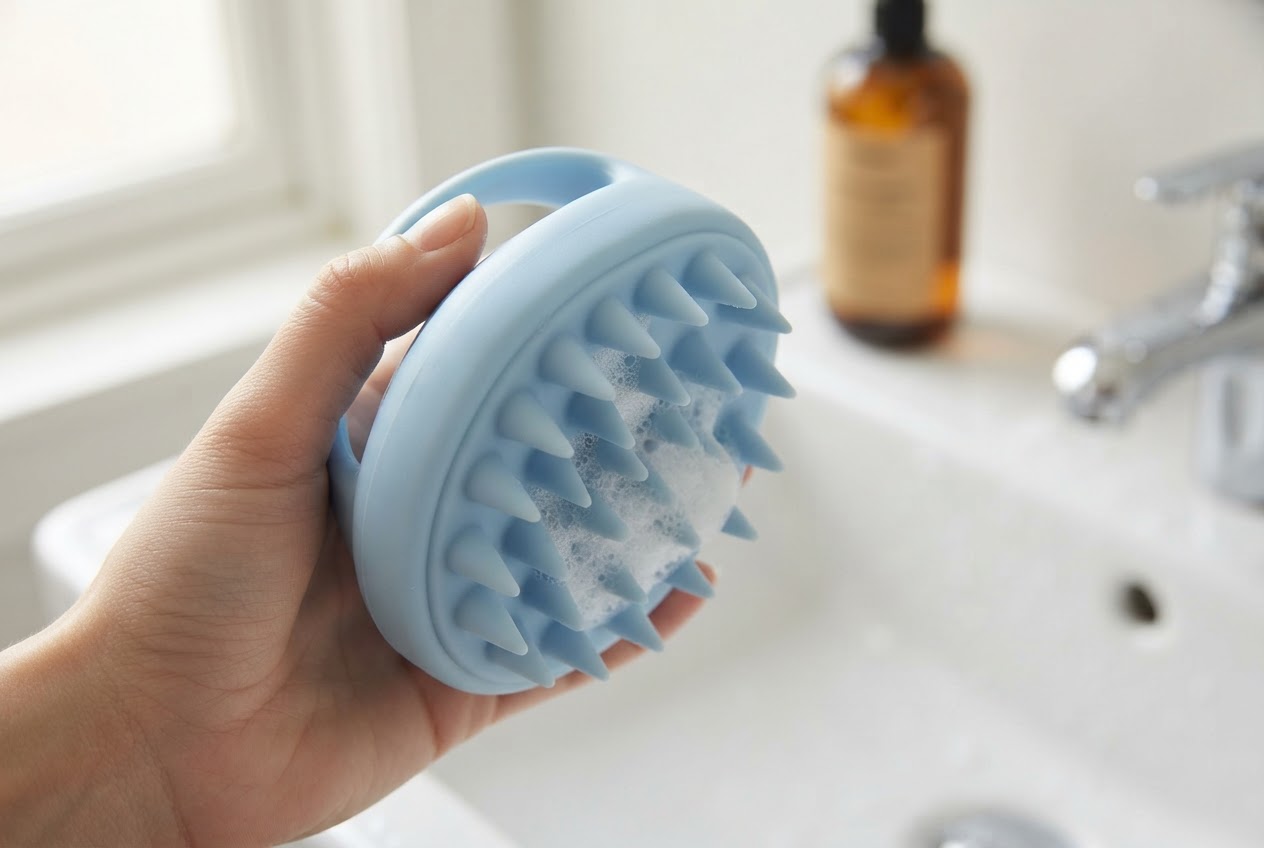 Eine Shampoobürste mit weichen Silikonborsten liegt auf einer feuchten Oberfläche.