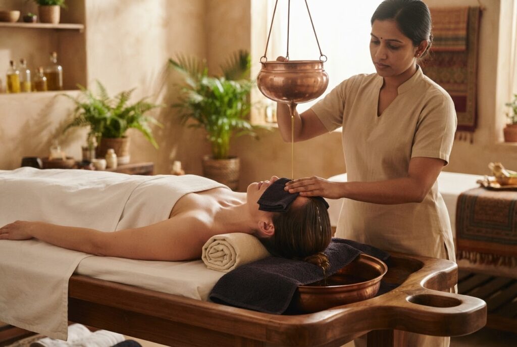 Realistic photo for Shirodhara: Ablauf und Wirkung des ayurvedischen Stirnölgusses