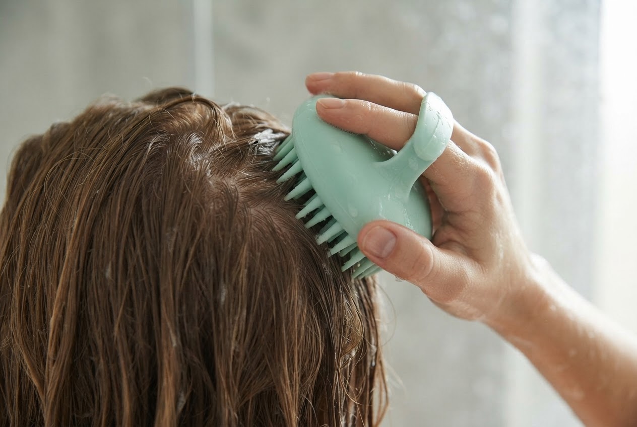Realistic photo for Shampoobürsten: Kopfhautmassage und Haarwäsche in einem Schritt