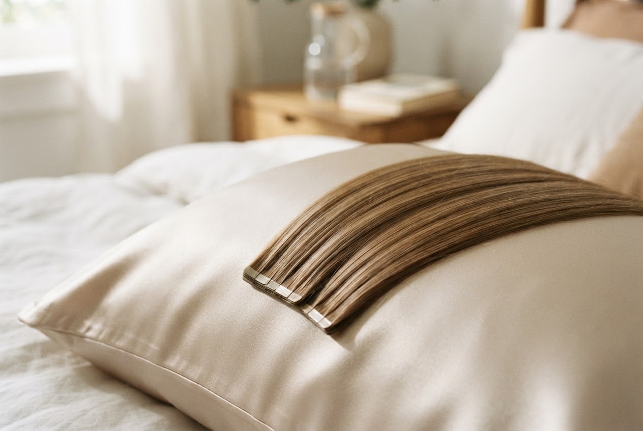 Close-up of a silk pillowcase on a bed, with long hair resting on it, showing the smooth shiny fabric.