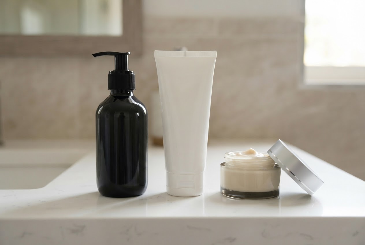 A comparison of a pump bottle and a tube next to an open jar, with a note about light protection and hygiene.