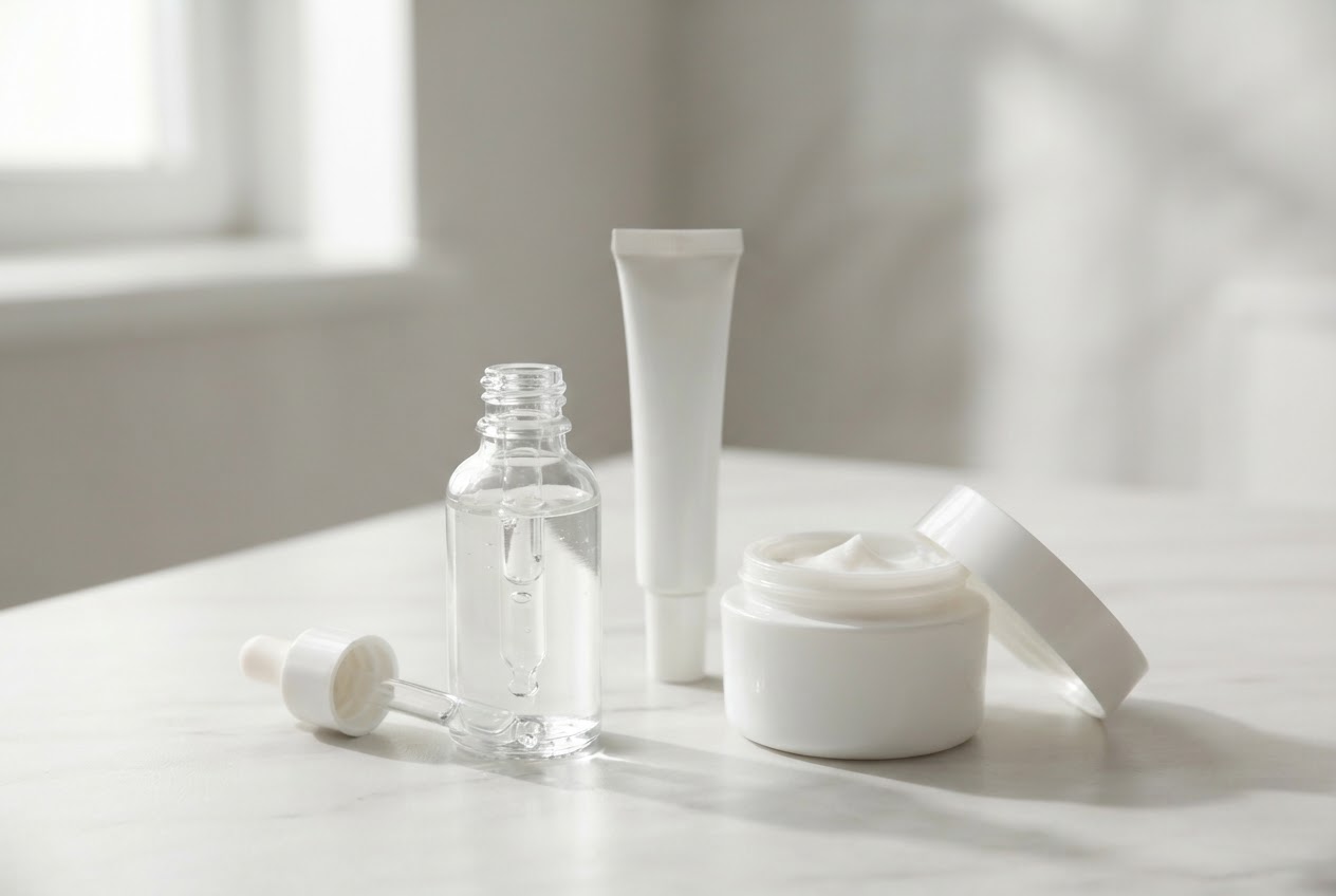 A clear hyaluronic acid serum bottle, a moisturizer, and a retinol tube arranged on a counter.