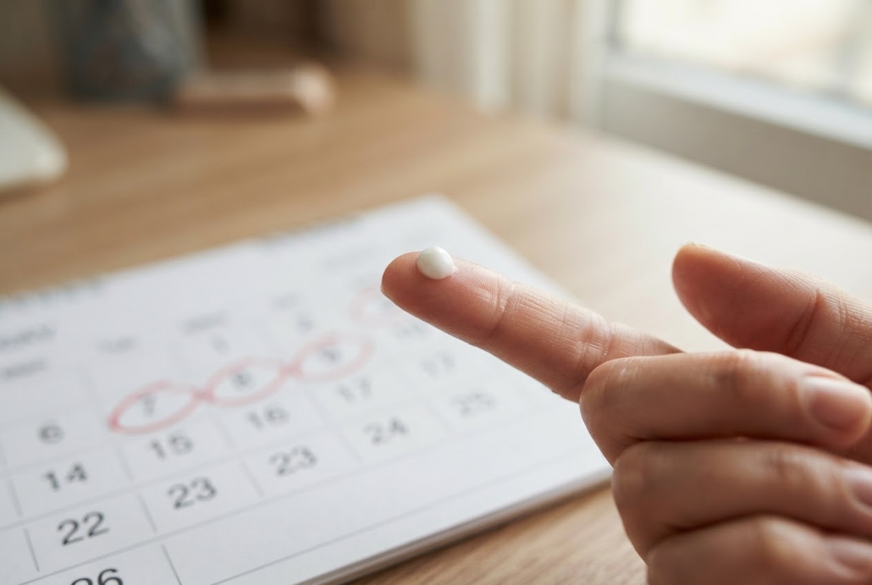 A fingertip with a small pea-sized dot of retinol cream, and a calendar in the background with every other day marked.