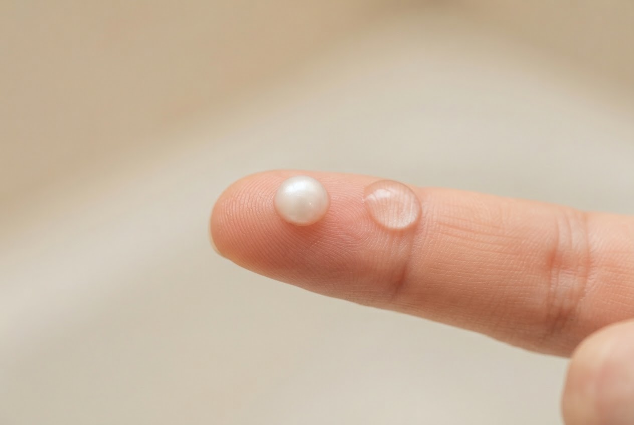 A fingertip with a small drop of shampoo, next to a single drop of water.