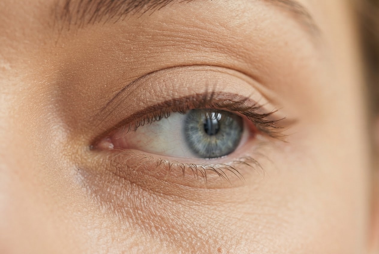 An eye with a thin brown eyeliner line along the outer third of the upper lash line